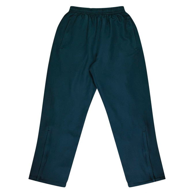 Dark green track pants with an elastic waistband and side pockets, featuring a simple design and no visible logos.