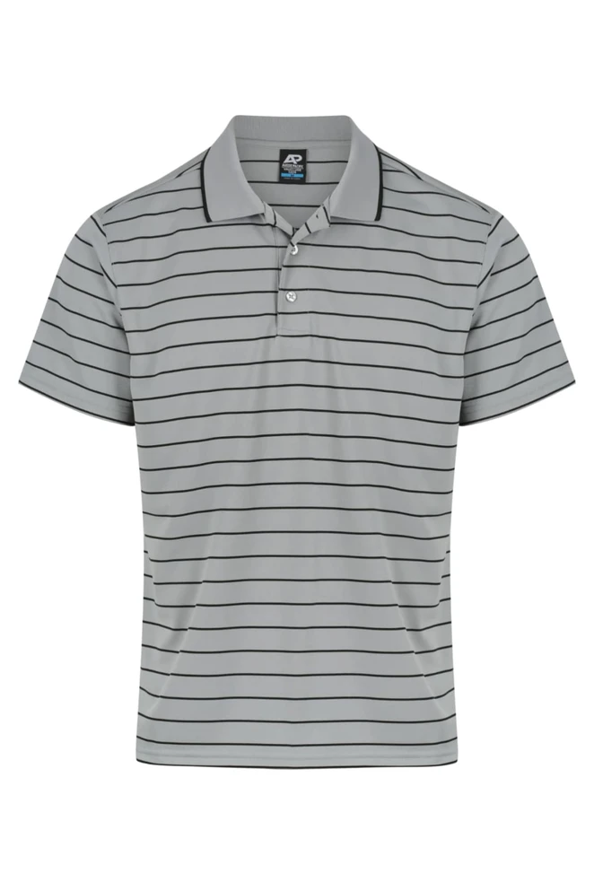 A grey striped polo shirt featuring a collar and short sleeves, with a logo on the label.