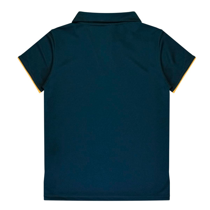 A dark green polo shirt with a collared neck and contrasting yellow trim on the sleeves. Features a logo.