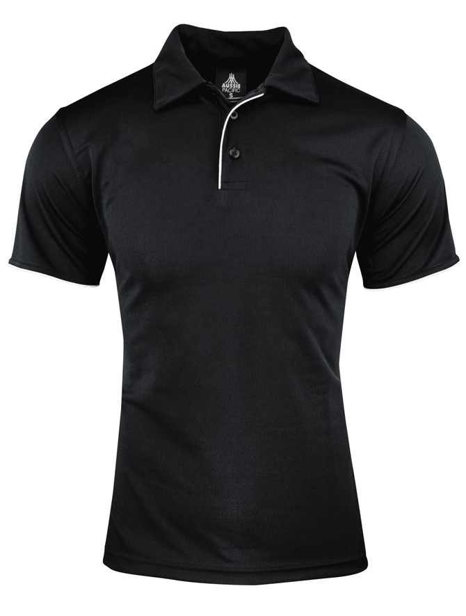 A black polo shirt with a white collar and trim, featuring a logo on the chest.