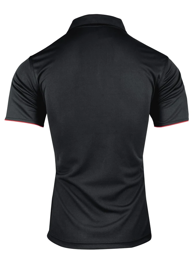A black polo shirt with short sleeves, featuring red detailing. The shirt has a logo on it.