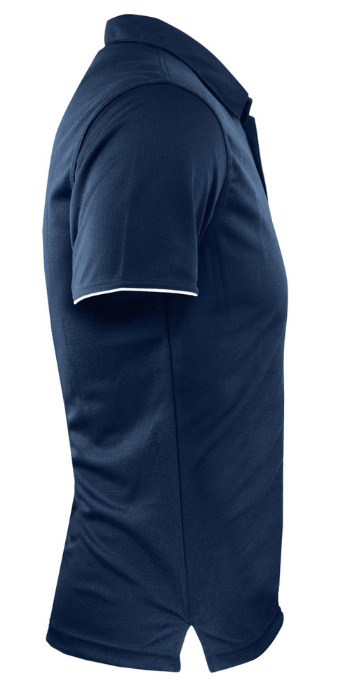 A navy blue polo shirt featuring a classic design and a subtle logo on the chest.