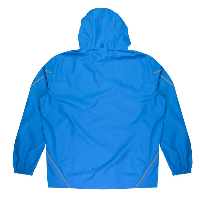 A blue jacket with a hood and elastic cuffs, featuring contrasting stitching and a logo.