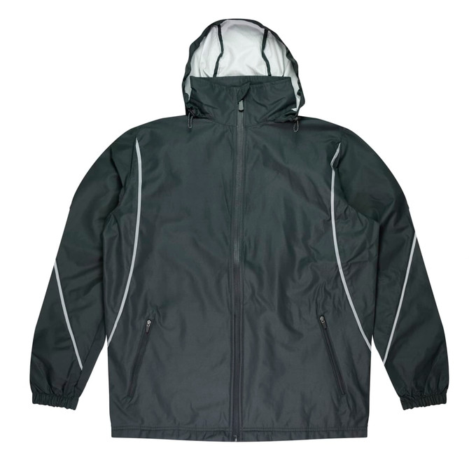 A dark green jacket with a hood, featuring white detailing and two zippered pockets.
