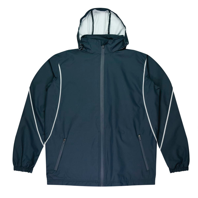 A dark navy jacket with a hood, featuring light reflective trim and zippered pockets. It has an incorporated branding logo.