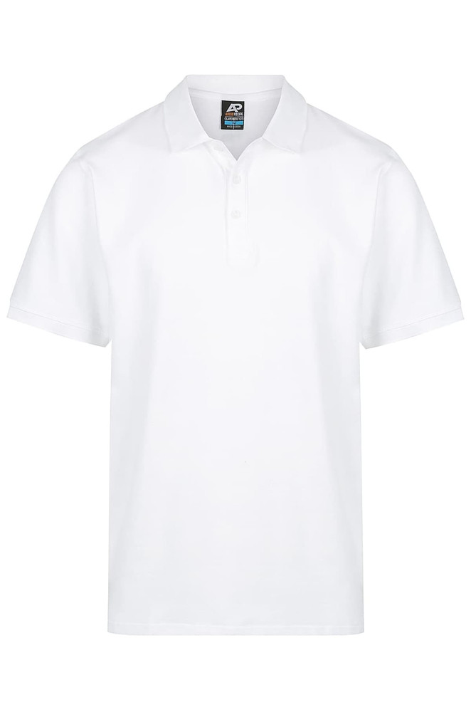 A white polo shirt featuring a collar and a placket, with a branding logo on the label.