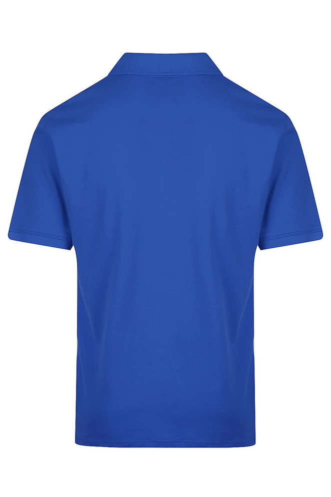 A blue men's polo shirt featuring a simple design with a collar and short sleeves. It has a logo on the side.