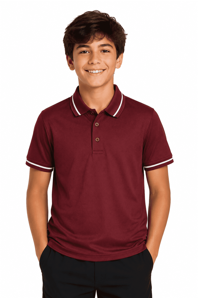 A maroon kids' polo shirt with a collar, featuring a logo. It has contrasting white stripes on the collar.