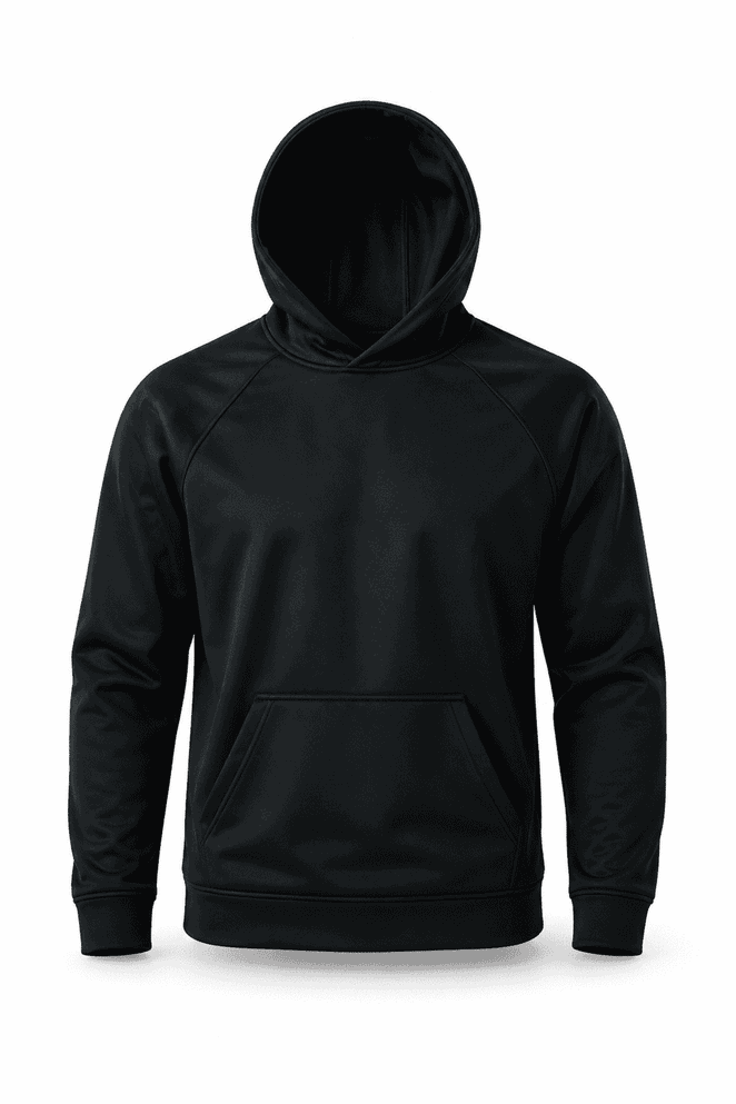 A black hooded jumper featuring a front pocket and a smooth finish. It has a logo on the design.