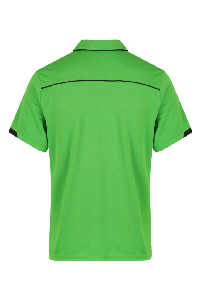 A green polo shirt with black accents, featuring a collar and short sleeves, and a logo on the upper back.