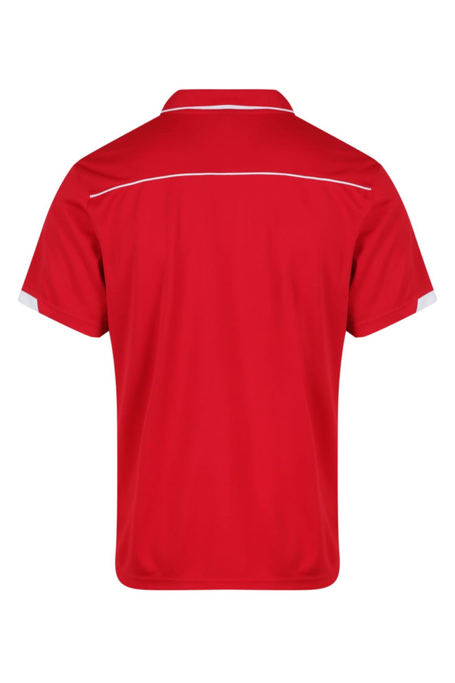 A red polo shirt featuring a collar and white accent sections, with a logo on the back.