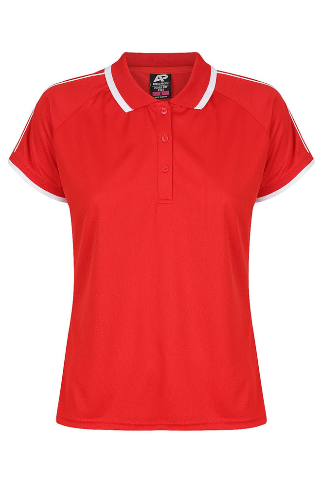 A red polo shirt with white accents and a three-button placket. It features short sleeves and has a logo.