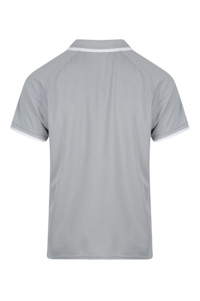 A grey polo shirt featuring a contrast collar and a logo on the back. Suitable for casual wear.