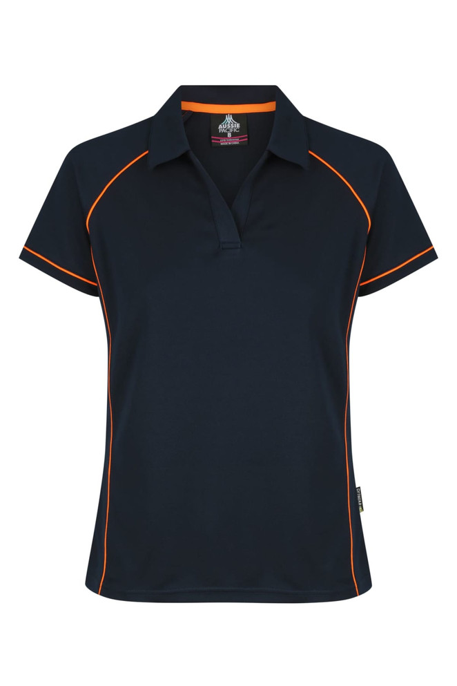A navy polo shirt with contrasting orange piping and a collar. It features a logo on the chest area.