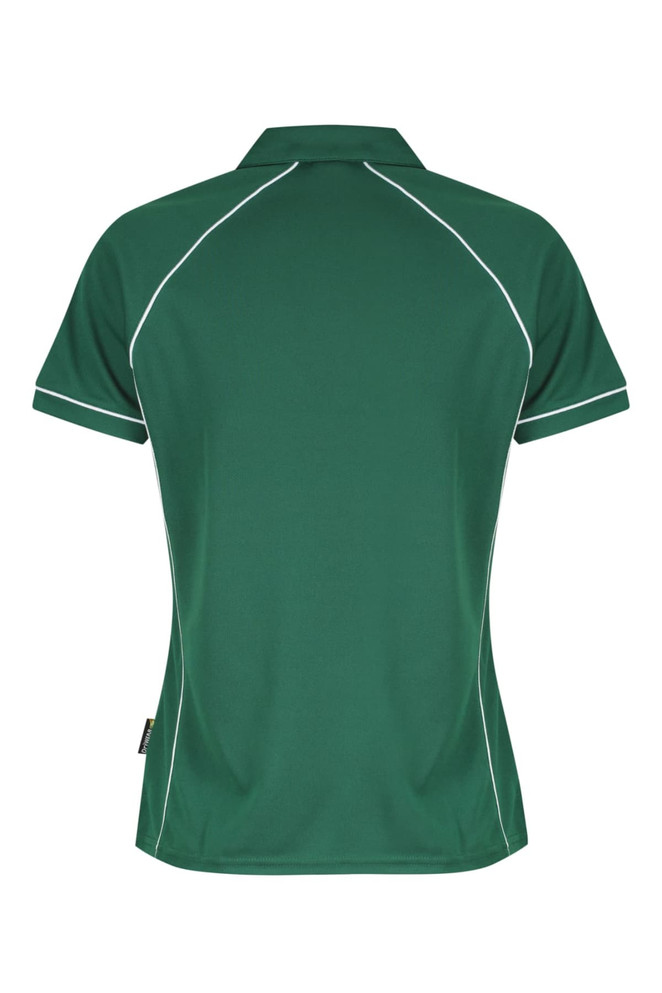 A green polo shirt featuring white piping, designed for women. It has a collar and short sleeves.