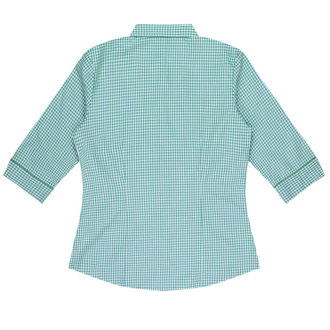 A green and white checked button-up shirt with 3/4 sleeves and a collar. Features a logo on the fabric.