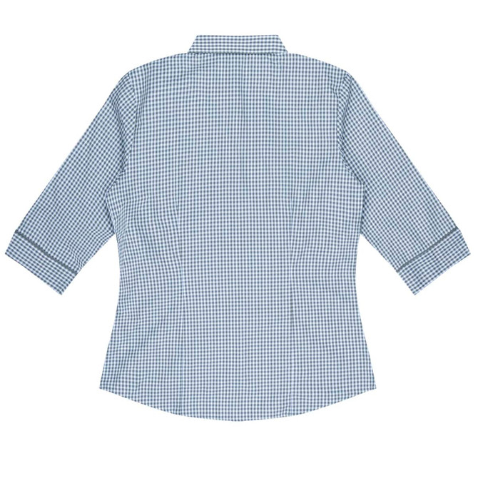 A blue and white checkered button-up shirt with 3/4 sleeves and a back view, featuring a collar and a logo.