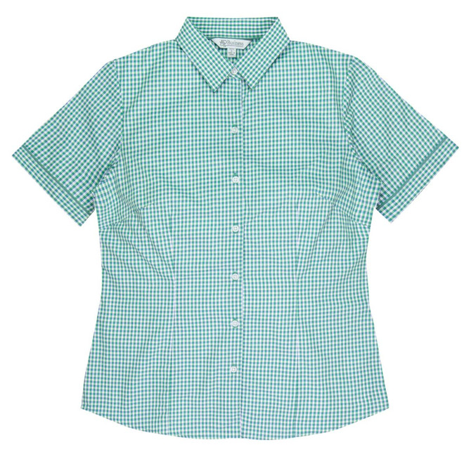 A short-sleeve button-up shirt in green and white gingham pattern, featuring a collar and a fitted design.