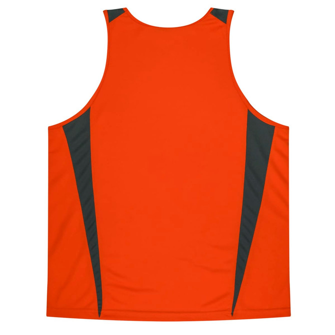 An orange singlet featuring dark grey side panels and a logo. Designed for kids, suitable for active wear.