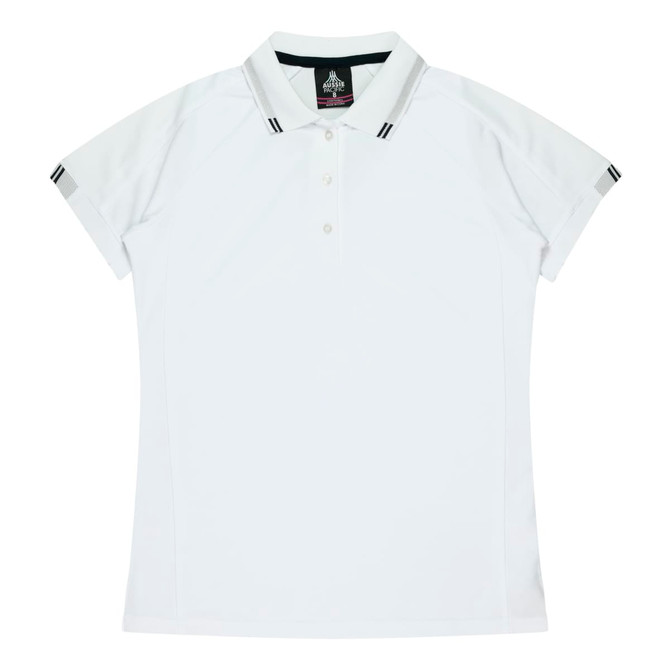 A white polo shirt featuring short sleeves and a collar, with a logo on the neckline.