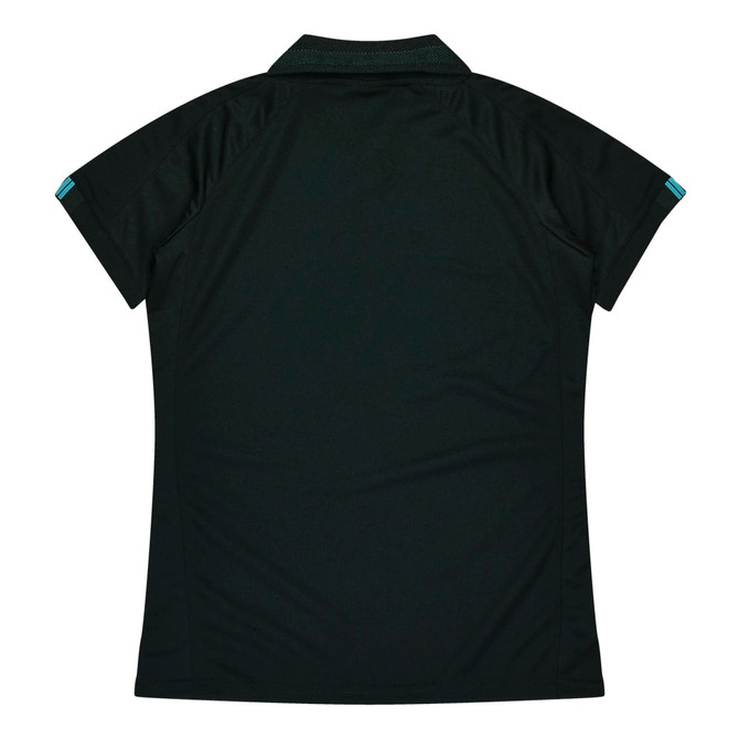 A dark green polo shirt featuring a collar and short sleeves, with a logo on the garment.