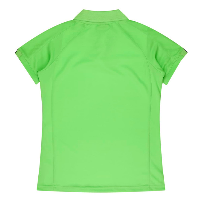 A lime green polo shirt with a classic collar and short sleeves, featuring a logo on the side.