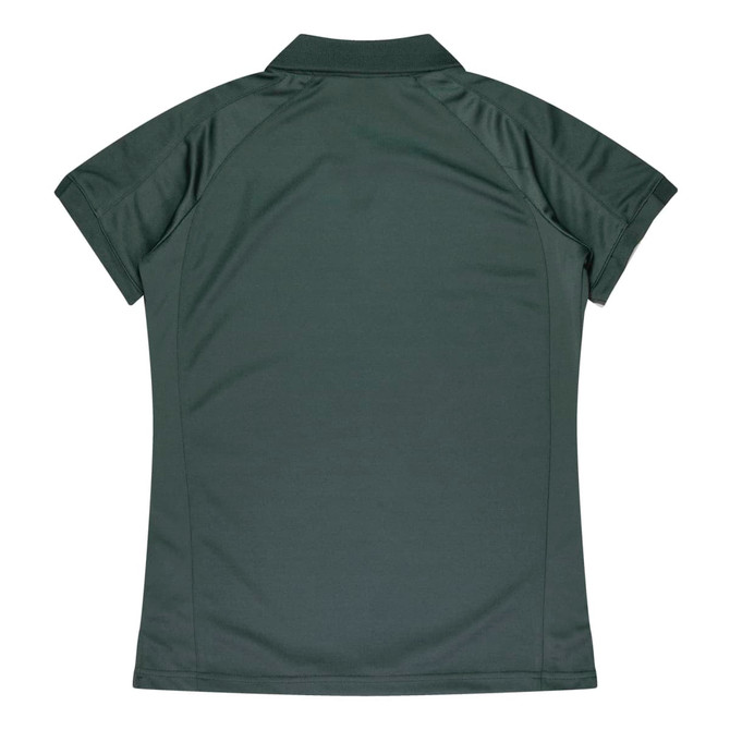 A dark green women's polo shirt with a classic collar and short sleeves. The back features a logo.