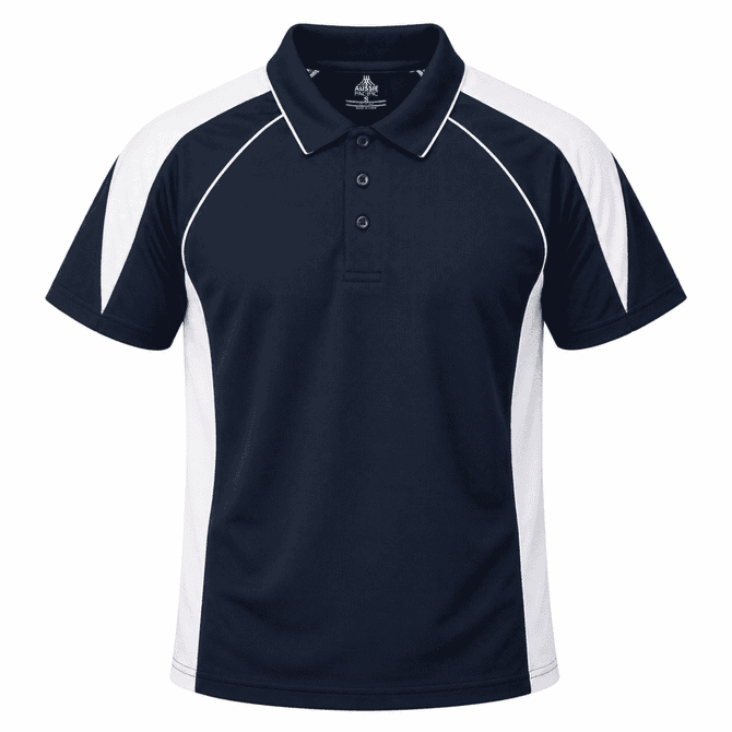 A navy blue polo shirt with white panels and a collar, featuring a logo. Short sleeves and a classic fit design.