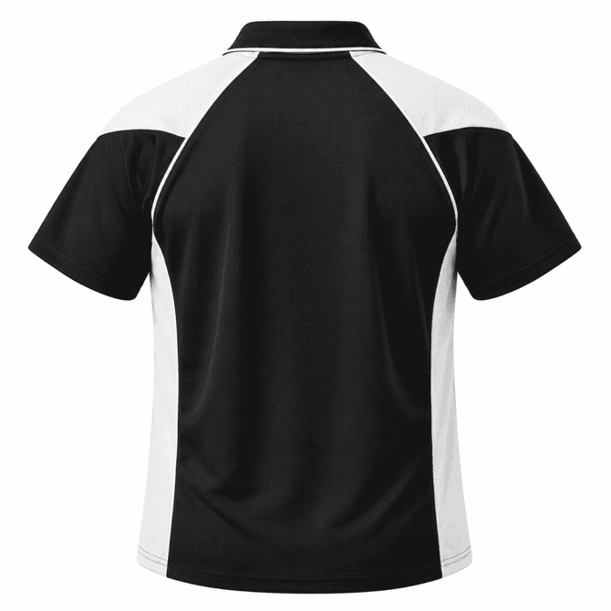 A black polo shirt with white panels on the sides and a collar. The back view highlights the design and colour contrast.