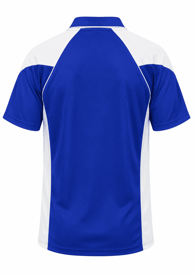 A blue and white polo shirt with a sporty design, featuring a branded logo at the back.