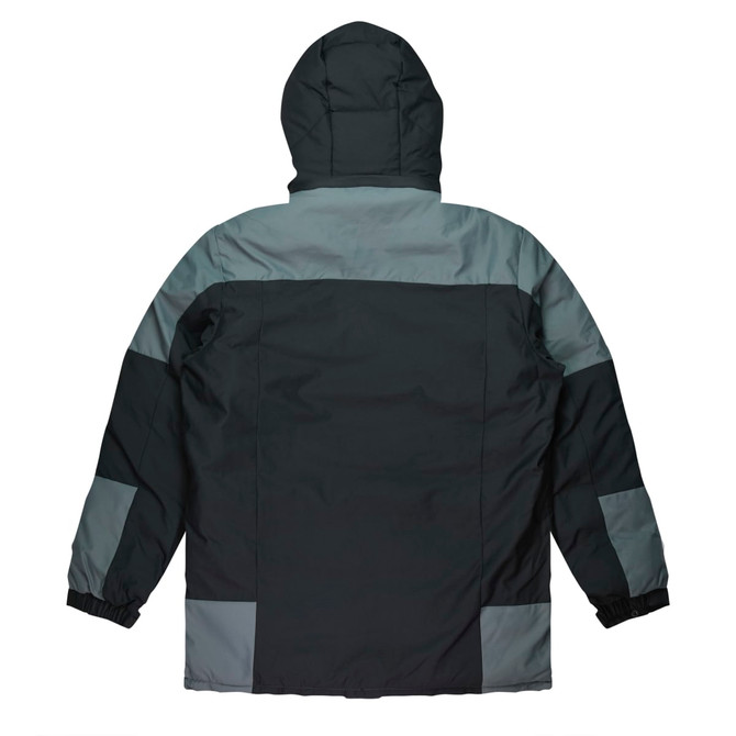 A jacket featuring a dark green and grey colour scheme, with a hood and elastic cuffs. It has a logo on it.