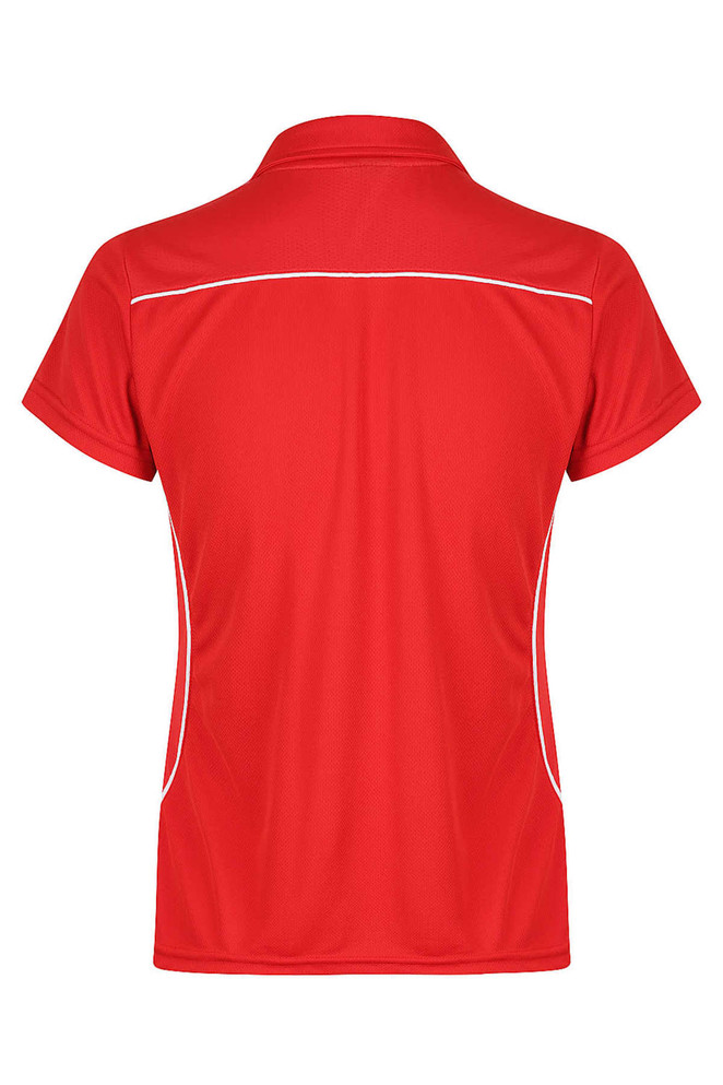A red polo shirt with a collared neckline and white piping details, featuring a logo.