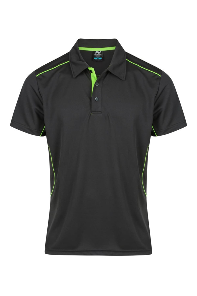 A black men's polo shirt with green accents and a logo, featuring a classic collar and short sleeves.