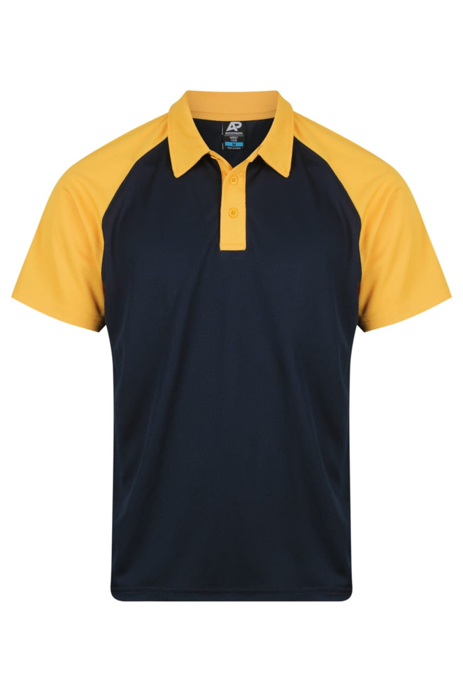 A navy and yellow polo shirt with a collar and short sleeves, featuring a logo on the chest.