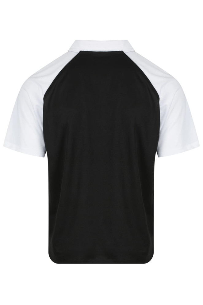 A polo shirt featuring a black body with white sleeves, displaying a logo on the back.