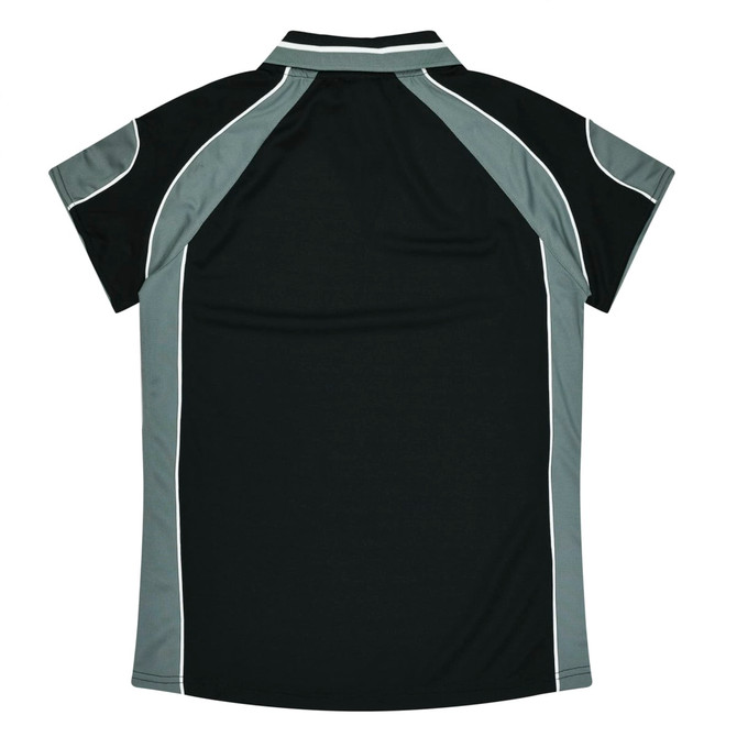A black and grey polo shirt featuring a sporty design and short sleeves, with a logo on the collar.