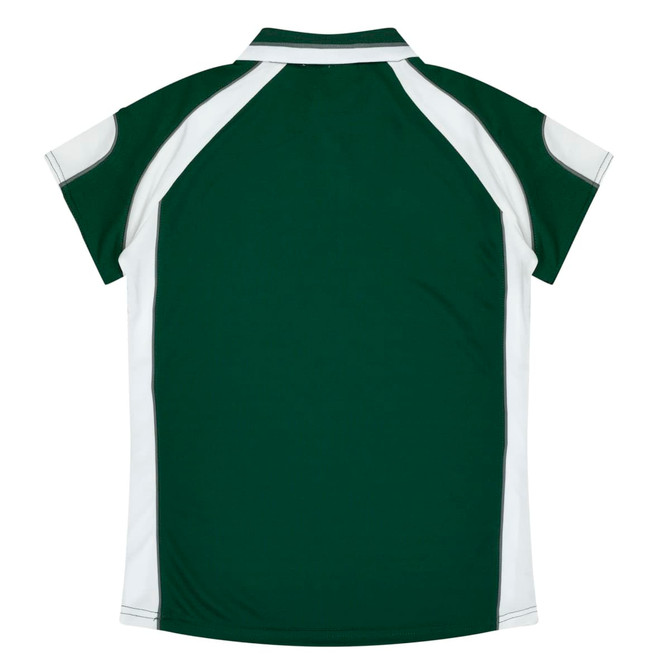 A green and white polo shirt with short sleeves and a collar, featuring a logo on the back.