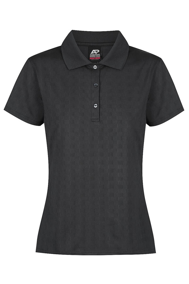 A black polo shirt with a ribbed texture and collar, featuring a button placket and a logo on the label.