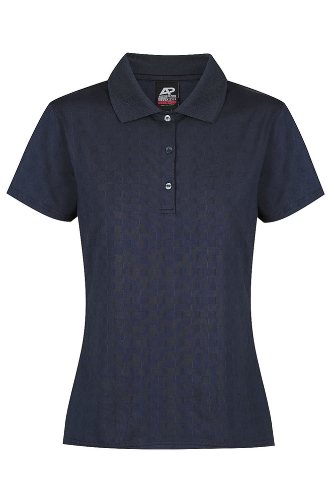 A navy polo shirt with a collared neckline and three-button placket, featuring a logo on the label.
