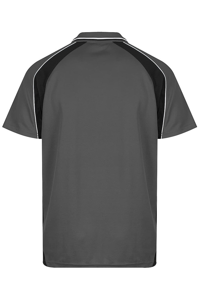 A grey polo shirt featuring black side panels and a logo. The back view showcases a simple design.