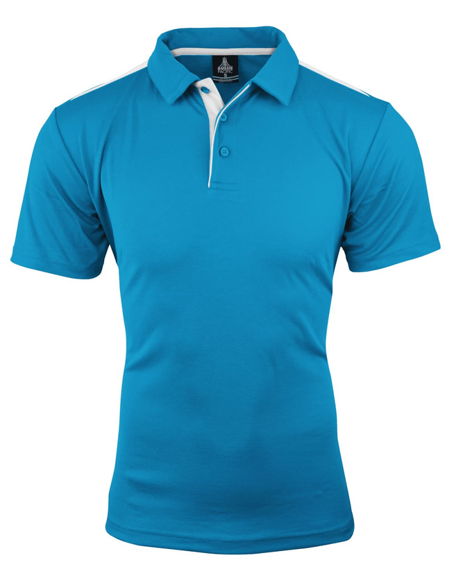 A turquoise polo shirt with a white collar and shoulder accents, featuring a logo on the front.