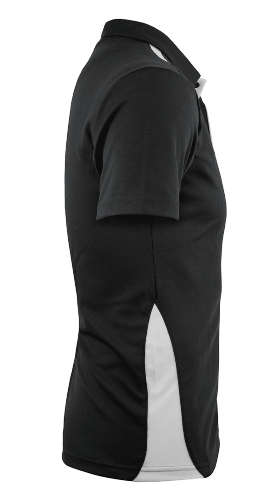 A black polo shirt with white detailing on the sides, featuring a collar and short sleeves.