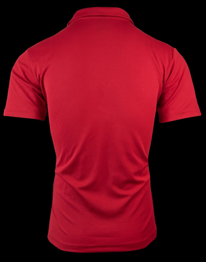 A red polo shirt with a classic collar and short sleeves, featuring a branded logo.