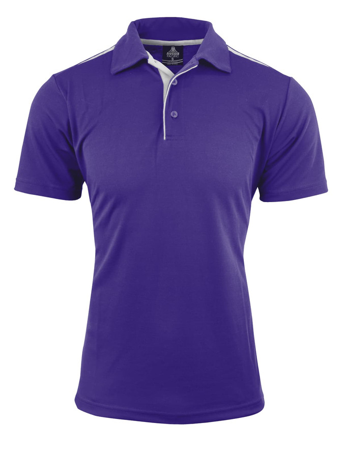A purple polo shirt with a contrasting white collar and stripes, featuring a logo.