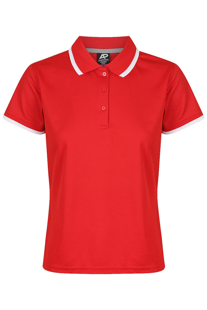 A red polo shirt featuring a classic collar and white accents, with a logo on the left side.