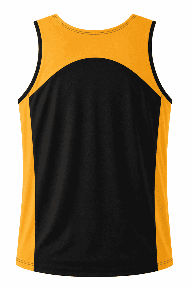 A men's singlet featuring a vibrant yellow front with a black back and contrasting black details. It has a logo.