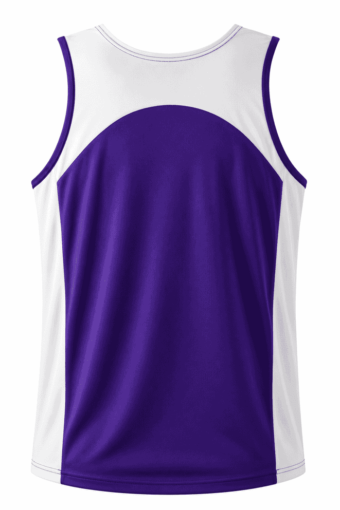 A men's singlet in purple with white accents and a logo on the side.