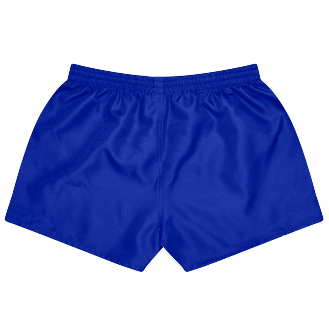 Blue sports shorts featuring an elastic waistband and a simple design, with a logo on the back.
