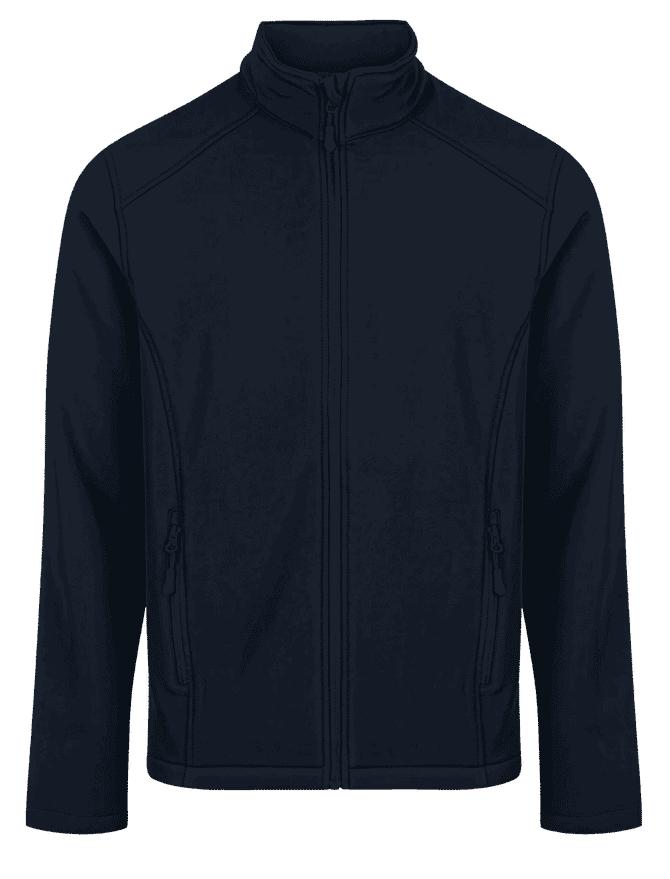 A navy soft shell jacket featuring a zip-up front and two side pockets, with a high neck design.