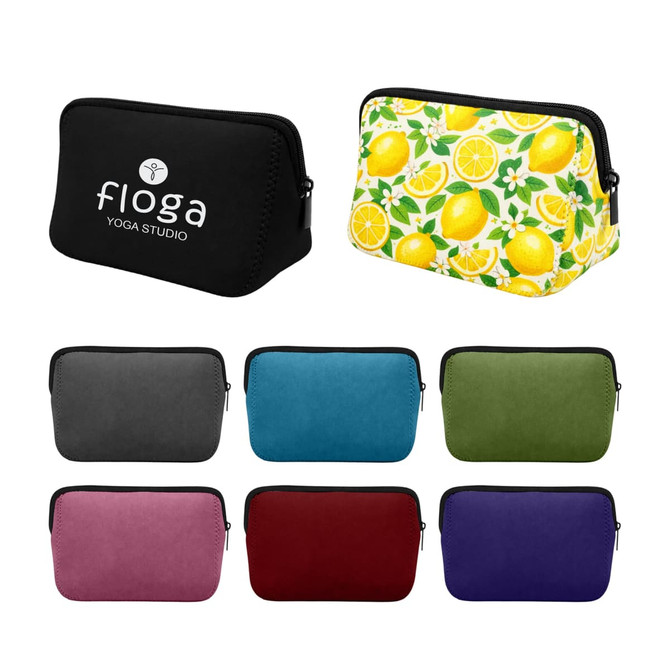 A neoprene cosmetic bag in various colours, including black, grey, teal, green, pink, red, and purple, featuring a lemon-patterned design.